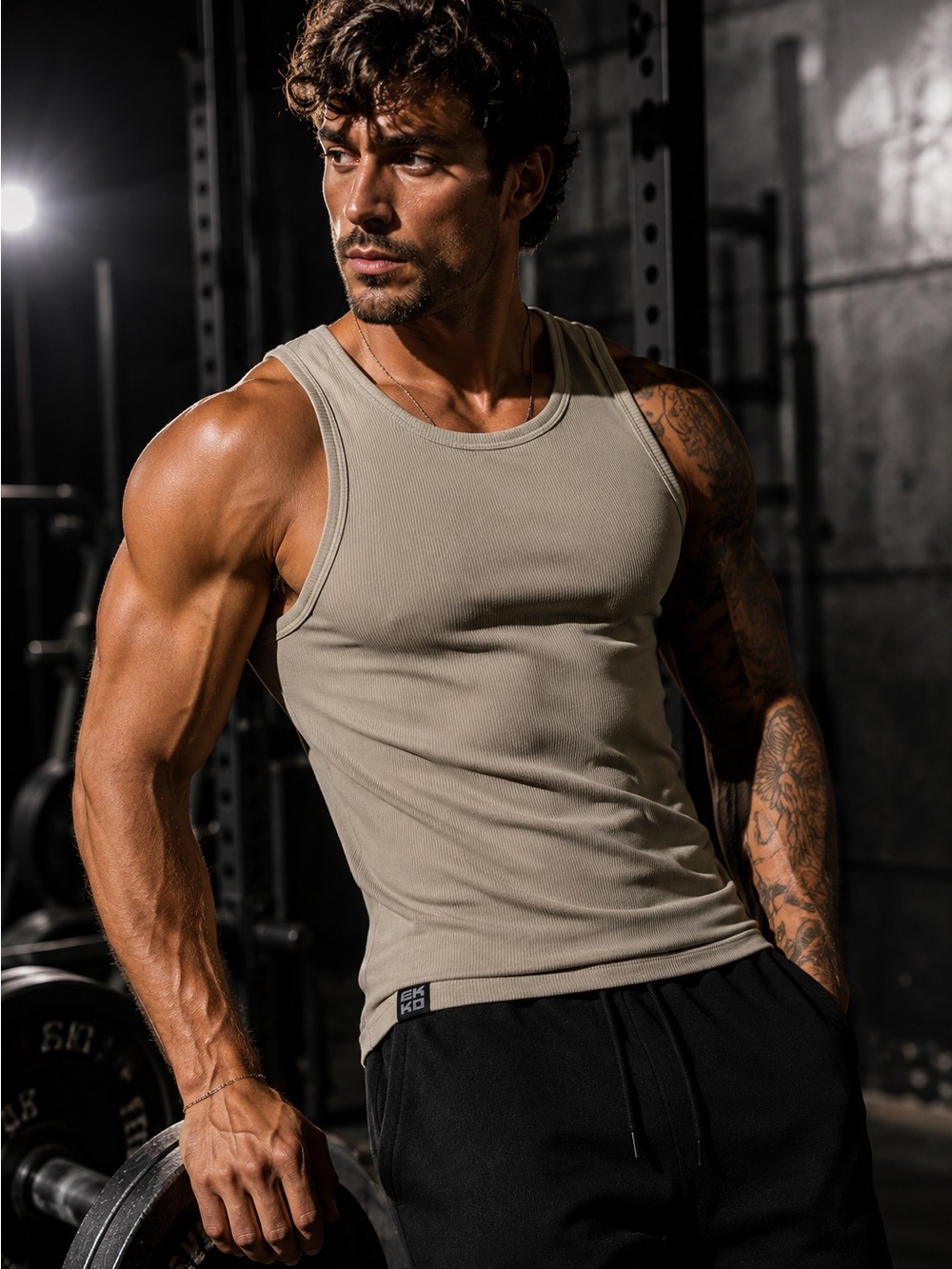 EKKOVISION Men’s XL Ribbed Athletic Tank Top Cotton StructuredStretch Beige Gym